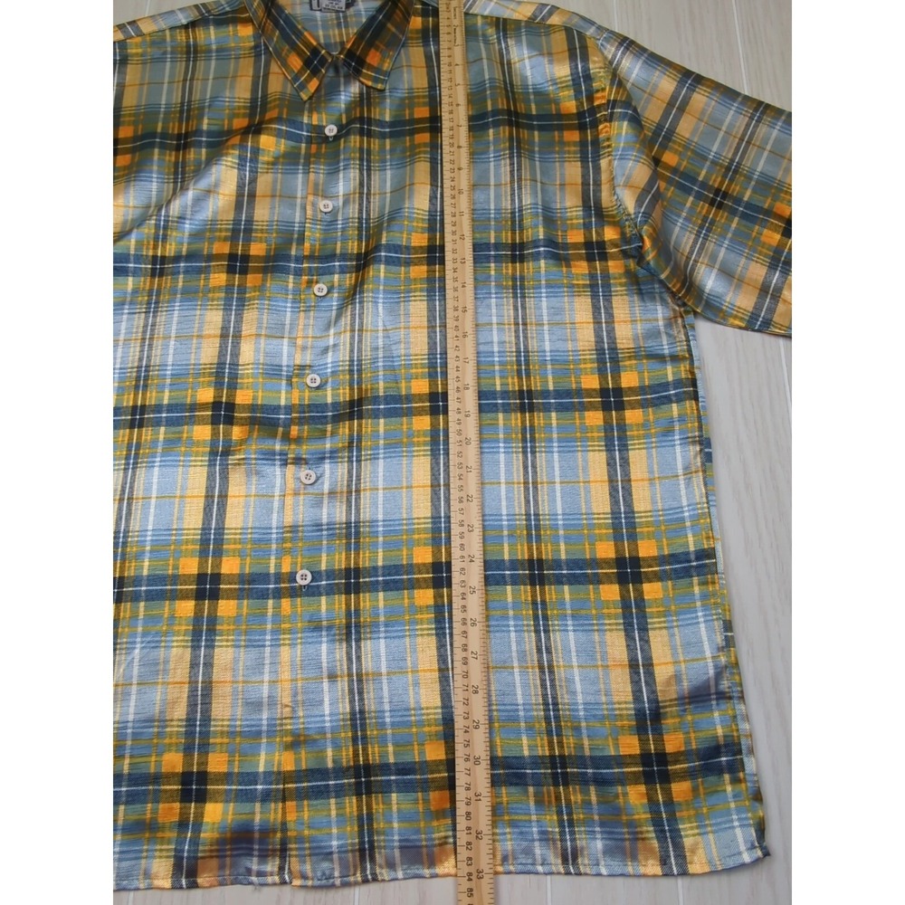 Trust Made Korea vintage men's XL blue yellow plaid Button front Shirt polyester - Picture 5 of 12